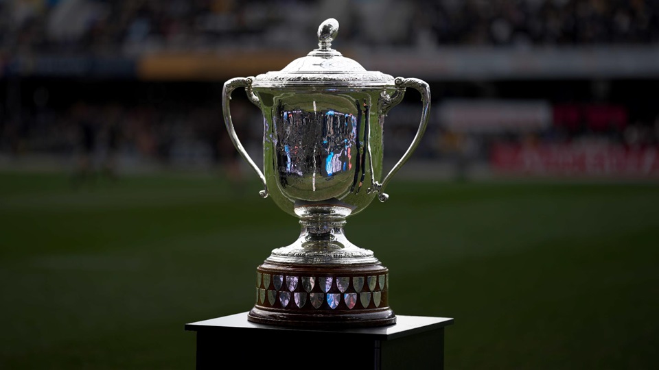 Bledisloe Cup on display in a stadium.