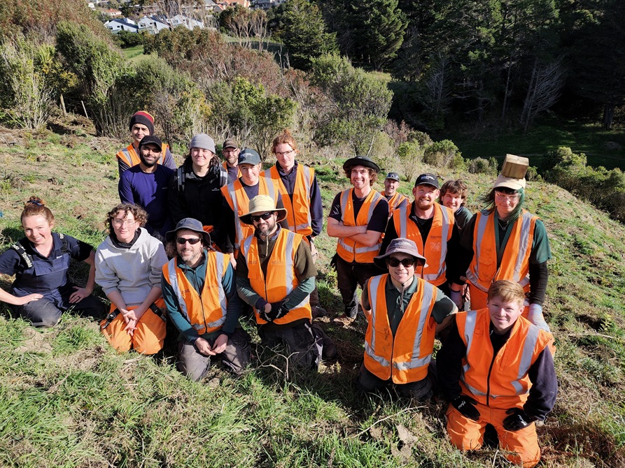 A group of people kneeling down on the side of a hill with vegetation around them.