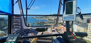 Image of Dylan's view of Pōneke from the crane. Te Ngākau Civic Square and the waterfront are visible