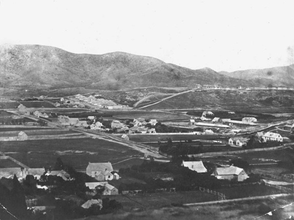 View of Te Aro, Wellington, with Abel Smith Street and Willis Street intersecting. On the corner in the right foreground is the home of the Honourable A G Tollemache.
