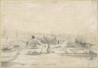 A sketching representing Māori with pigs in the foreground and a carved canoe prow, dwellings and other buildings of the pa, the palisade, the harbour and ships in the background.