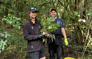 Two gardeners smiling in a dense bush area, holding up native plants.