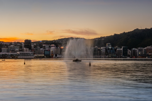 Carter fountain with the sunset in the background.
