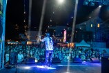 A performer with their back turned with a crowd of people infront of them.