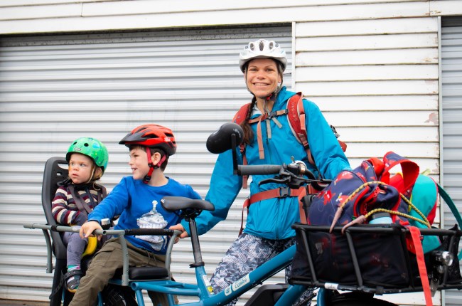 Alice ready to ride with sons Rory and Hugh.