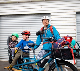 Alice ready to ride with sons Rory and Hugh.