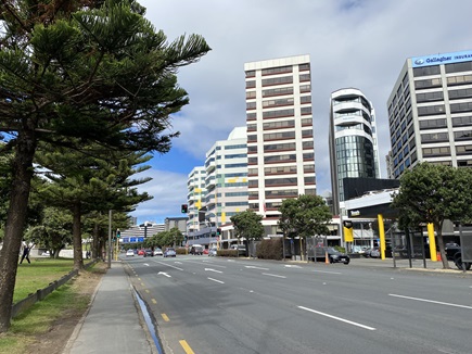 View of Jervois Quay looking south along Frank Kitts Park side of roads.