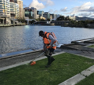 Man wearing high vis mowing on the side of a lagoon.