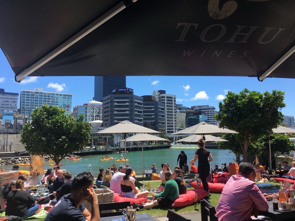 Wellington waterfront with people enjoying food by the lagoon.