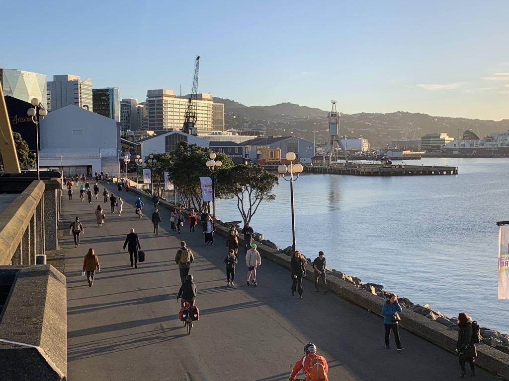 Wellington waterfront with people walking along it.