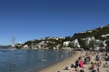 Oriental bay beach and people relaxing on the sand.