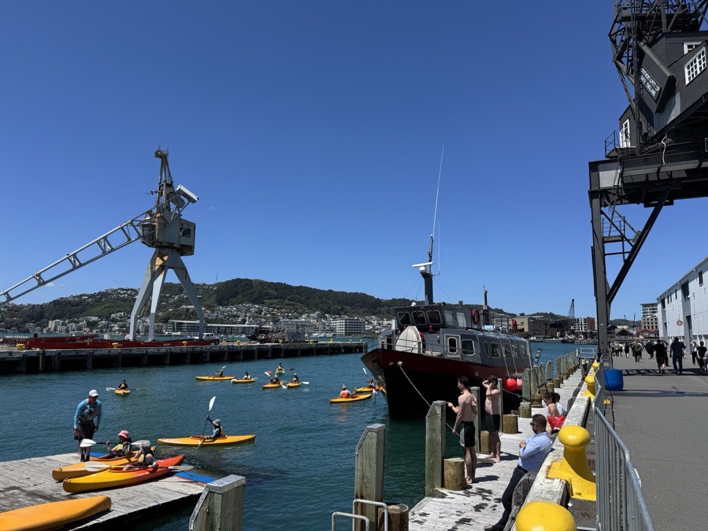 Boats and kayaks in Wellington's harbour.