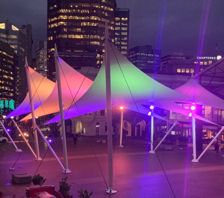 Lit up sails on the Wellington waterfront.