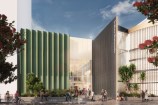 Render design showing exterior view of proposed Town Hall annex during the day.
