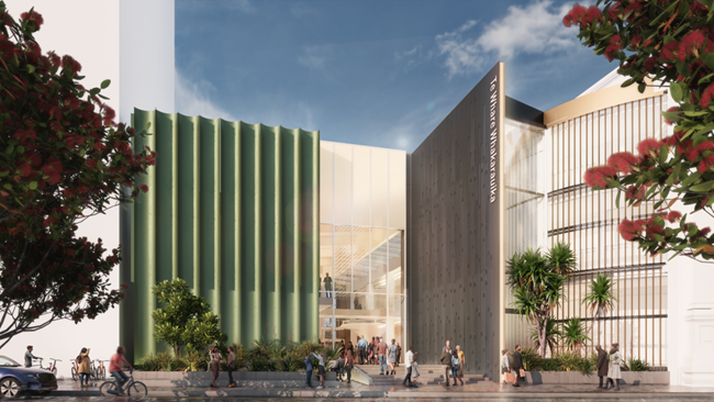 Render design showing exterior view of proposed Town Hall annex during the day.