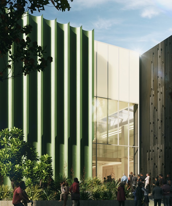 Render design showing exterior view of proposed Town Hall annex during the day.