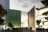 Render design showing exterior view of proposed Town Hall annex during the night.