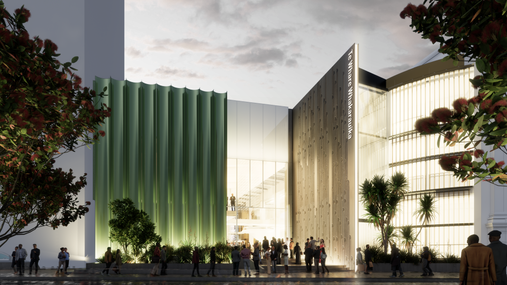 Render design showing exterior view of proposed Town Hall annex during the night.