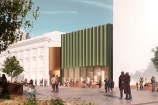 Render design showing exterior view of proposed Town Hall annex during the day from Te Ngakau.