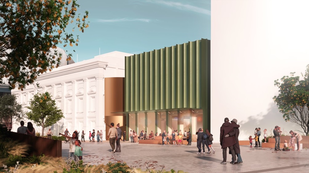 Render design showing exterior view of proposed Town Hall annex during the day from Te Ngakau.