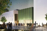 Render design showing exterior view of proposed Town Hall annex during the night from Te Ngakau.