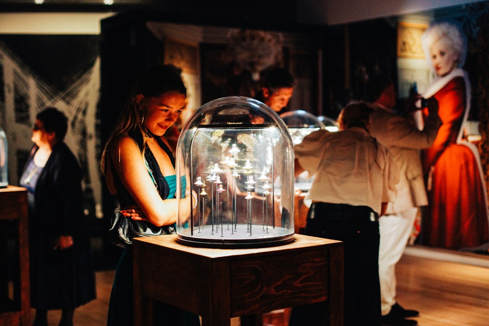 Vivienne Westwood exhibition jewellery and clothes on show.