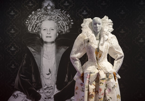 Vivienne Westwood exhibition jewellery and clothes on show.