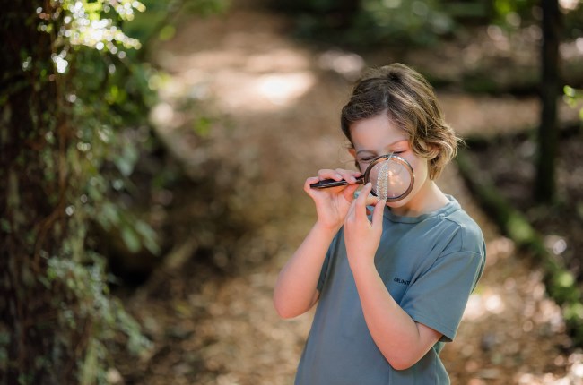 A young kid looking at a plant through a magnifying glass.