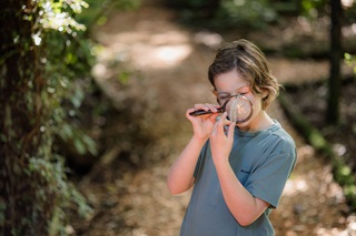 A young kid looking at a plant through a magnifying glass.