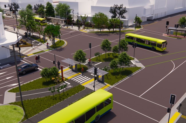 Render of the Golden Mile intersection along Cambridge and Kent Terrace.