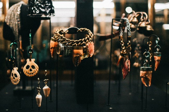 Close up of Vivienne Westwood jewellery in exhibition.