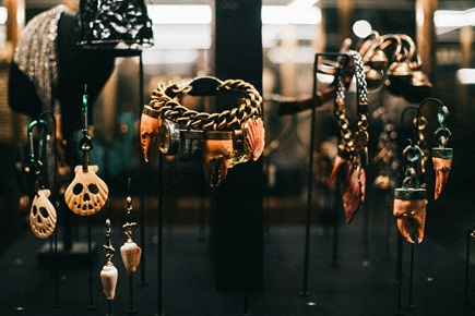Close up of Vivienne Westwood jewellery in exhibition.