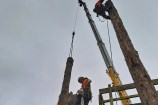 People climbing a tree with safety gear on and a crane hanging overhead.