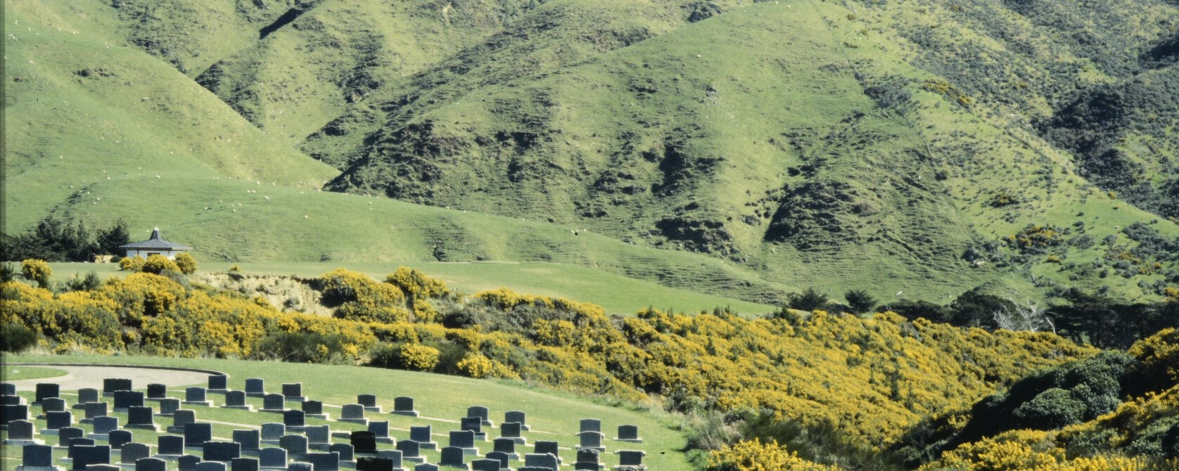 Rows of graves with rolling hills in the background at Mākara Cemetery.