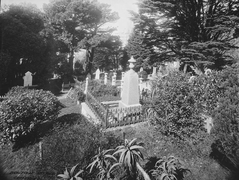 Graves surrounded by trees and bushes at the Bolton Street Cemetery.