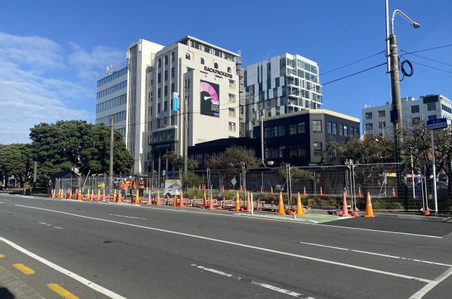 Construction on Courtenay Place with a line of road cones.