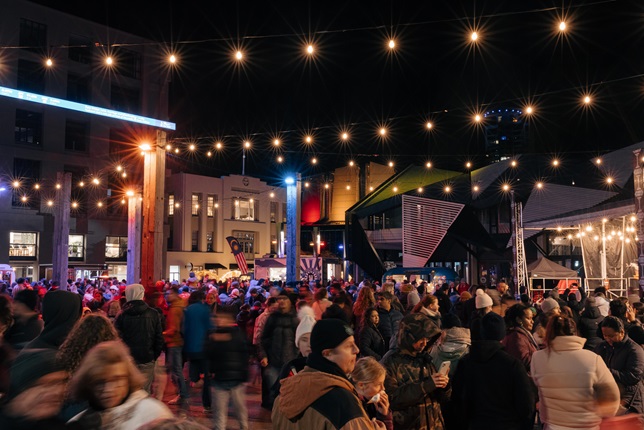 A crowd of people all dressed up in their warm winter clothing, moving around the waterfront at night.