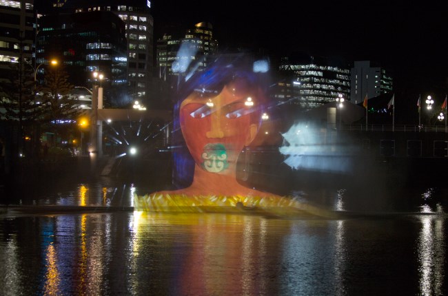 Mana Moana Ka Raranga Wai by Robyn Kahukiwa projection on Whairepo Lagoon.