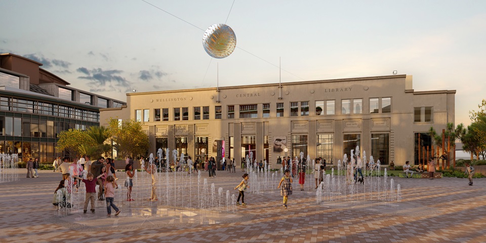 Artist's render of Te Ngākau precinct with children playing in fountains at dusk.