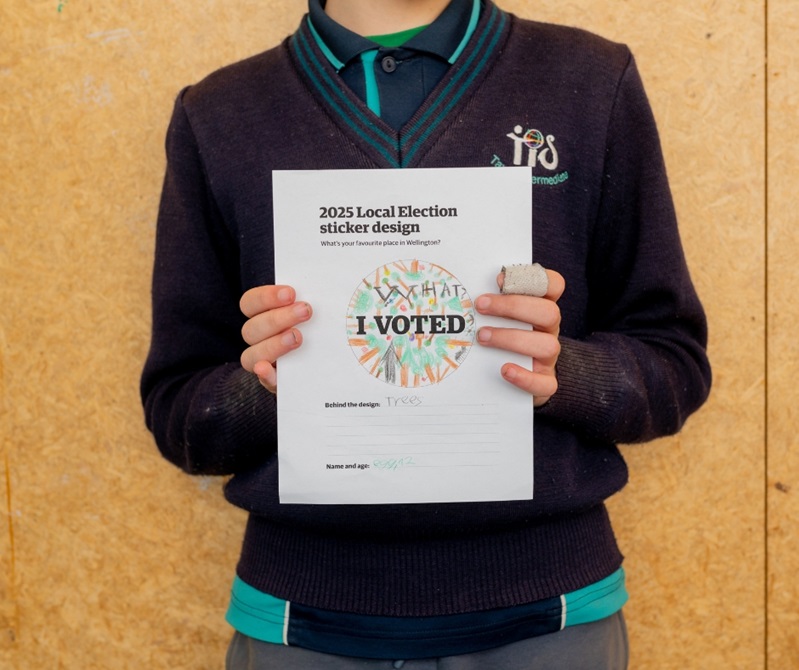 A kid holding their drawing