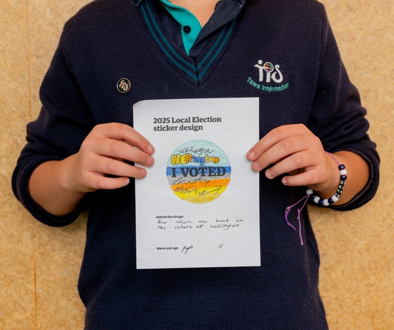 A kid holding their drawing