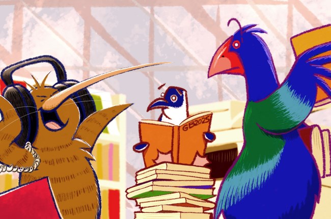 Library card design by Grant Buist of three birds using library services.