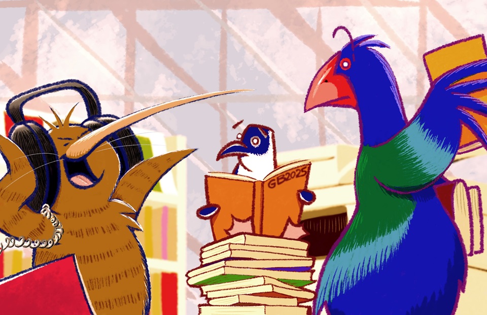 Library card design by Grant Buist of three birds using library services.
