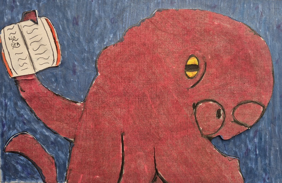 Library card design by Ollie Walker of a wheke octopus reading a book.