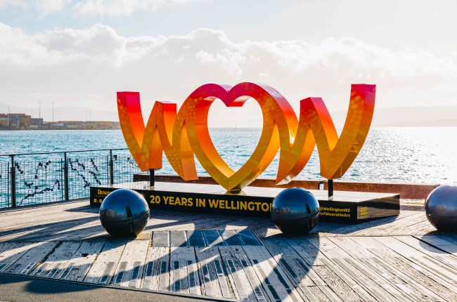 WOW sign on the Wellington waterfront celebrating 20 years in the city.