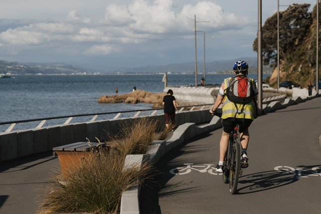 A cyclist dressed in black shorts and yellow top bikes along a concrete pathway, that winds around a rocky coastline.