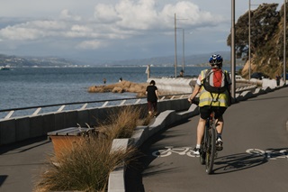 A cyclist dressed in black shorts and yellow top bikes along a concrete pathway, that winds around a rocky coastline.
