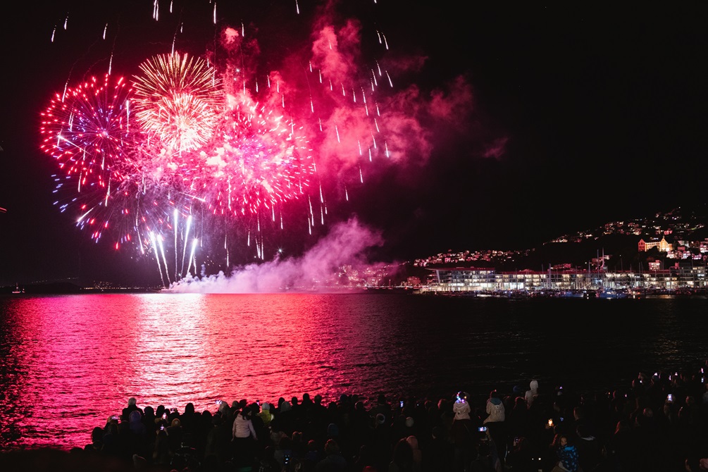 A crowd of people in the foreground watching a fireworks display over the water of a harbour.