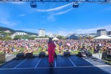 A performer on stage playing to a crowd seated on the grass in Waitangi Park on a blue-sky sunny day.