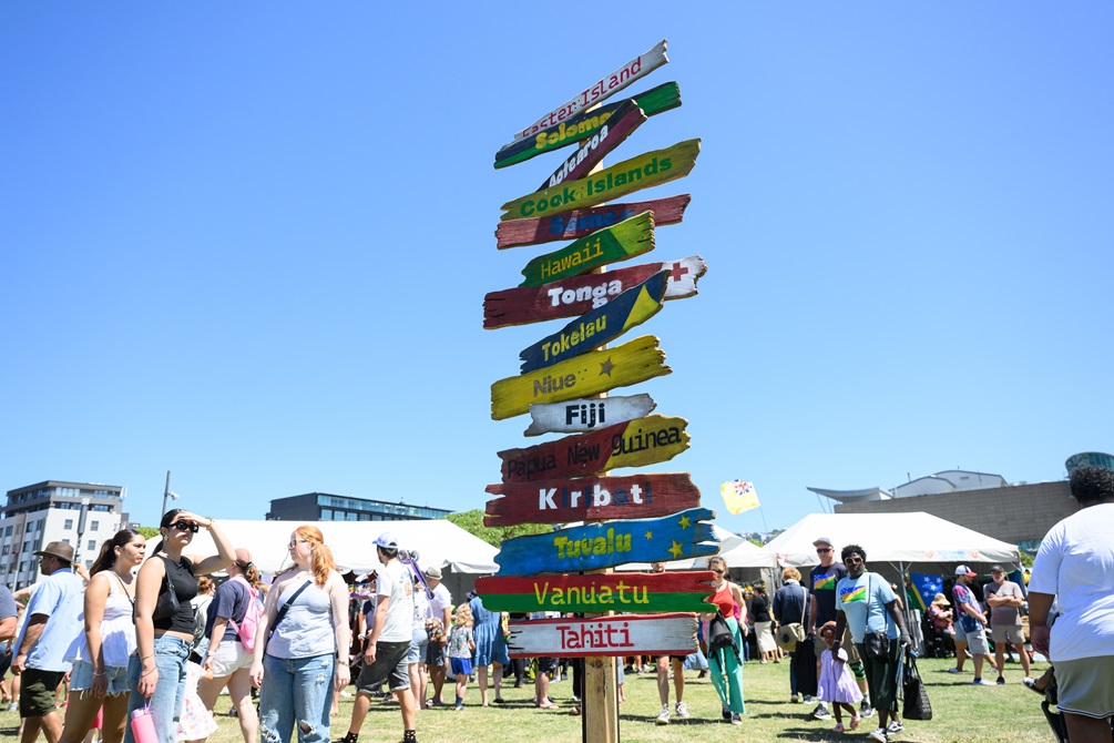 A signpost made of various pieces of driftwood nailed to a pole. Each piece of wood has a different Pacific nation painted on it, in the colours of the country's flag.